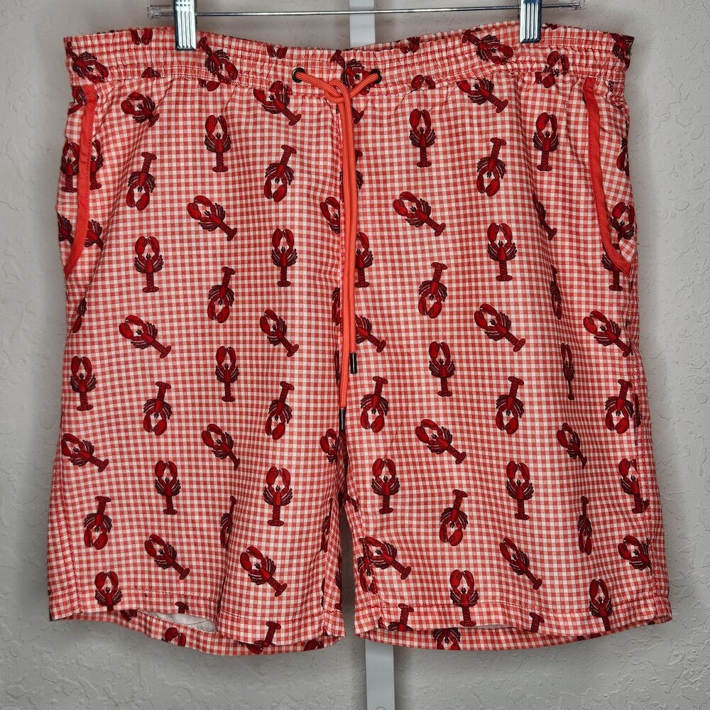 Mr. Swim Men’s Red Gingham Lobster Sunset Swim‎ Trunks Shorts with Liner XXL